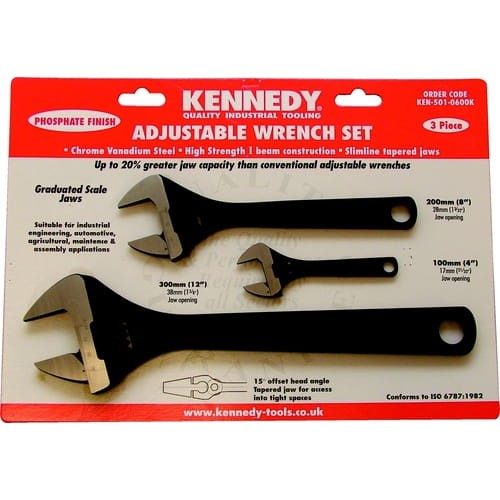 Zestaw kluczy nastawnych 100mm 200mm 300mm czernionych 4" 8" 12" z podziałką Kennedy KEN5010600K