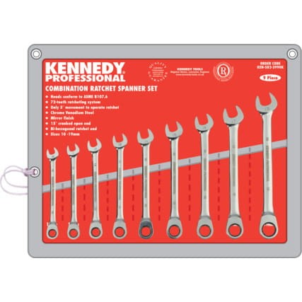 Komplet kluczy płasko-oczkowych z zapadką 10-19mm 9szt. w etui Kennedy KEN5823990K KEN-582-3990K