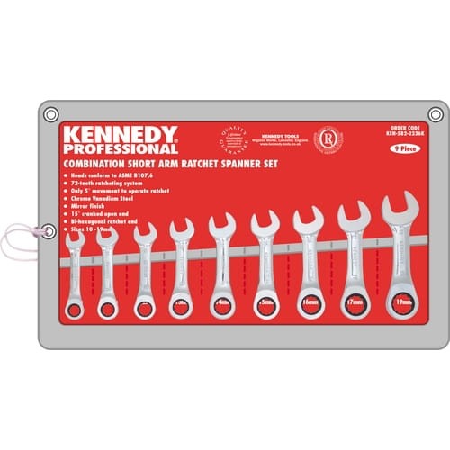 Klucze płasko-oczkowe z zapadką krótkie 10-19mm 9szt. Kennedy KEN5822236K
