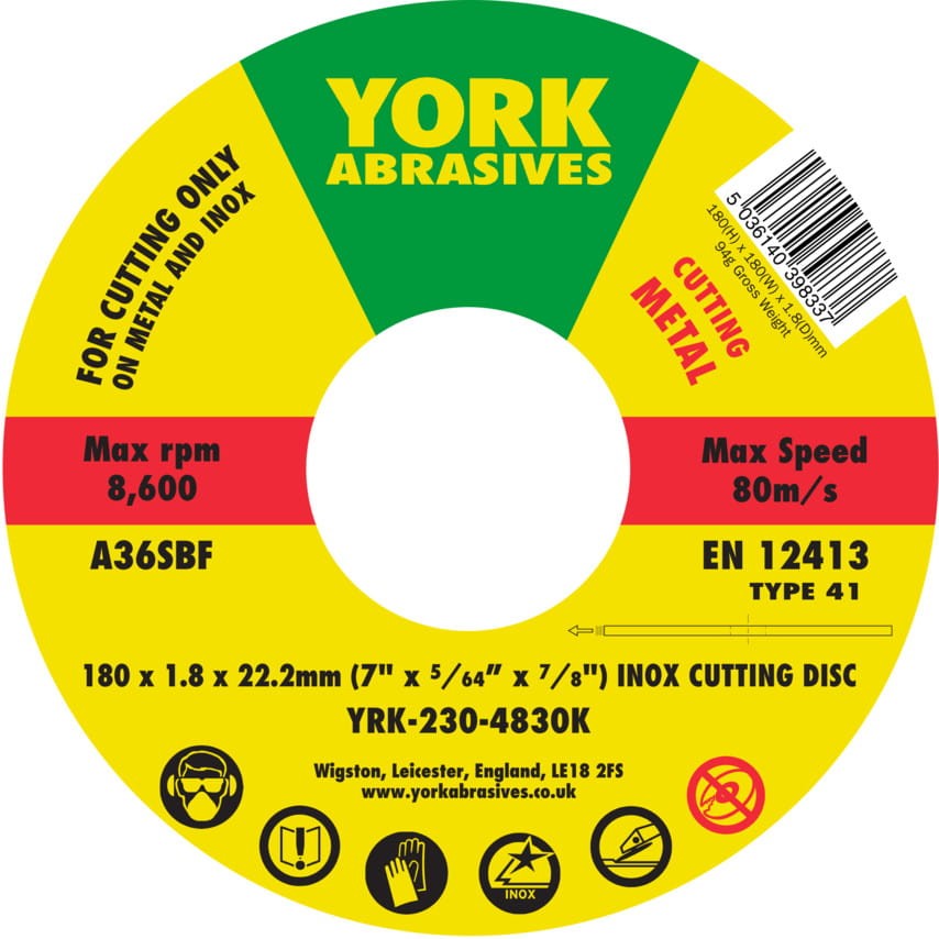 Tarcza do cięcia 180x1.8x22.23mm A36SBF INOX do stali nierdzewnej T41 York Abrasives YRK2304830K