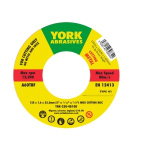 Tarcza do cięcia 125x1.6x22.23mm A60TBF INOX do stali nierdzewnej T41 York Abrasives YRK2304810K