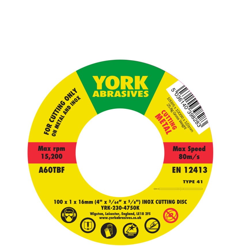 Tarcza do cięcia 100x1x16mm A60TBF INOX do stali nierdzewnej T41 York Abrasives YRK2304750K