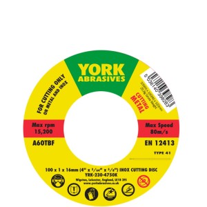Tarcza do cięcia 100x1x16mm A60TBF INOX do stali nierdzewnej T41 York Abrasives YRK2304750K