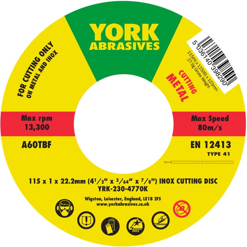 Tarcza do cięcia 115x1x22.23mm A60TBF INOX do stali nierdzewnej T41 York Abrasives YRK2304770K