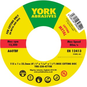 Tarcza do cięcia 115x1x22.23mm A60TBF INOX do stali nierdzewnej T41 York Abrasives YRK2304770K