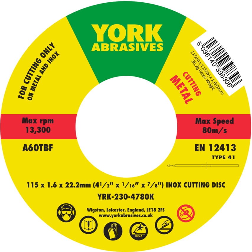 Tarcza do cięcia 115x1.6x22.23mm A60TBF INOX do stali nierdzewnej T41 York Abrasives YRK2304780K