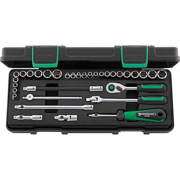 Zestaw narzędzi QR 1/4": 25 nasadek 6-kąt 3,2-14mm 3/16"-9/16"+Grzechotka+akcesoria 33-el.w walizce ABS Stahlwille 96010107