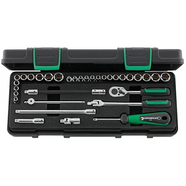 Zestaw narzędzi 1/4": 25 nasadek 6-kąt 3,2-14mm 3/16"-9/16"+Grzechotka+akcesoria 33-el.w walizce ABS Stahlwille 96011162