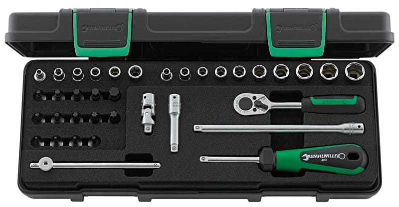 Zestaw narzędzi 1/4" Torx nasadki 6-kąt 5-13mm E4-E10 44K 3-8mm T8-T40 grzechotka+akcesoria 36-el. w walizce ABS Stahlwille 98819801