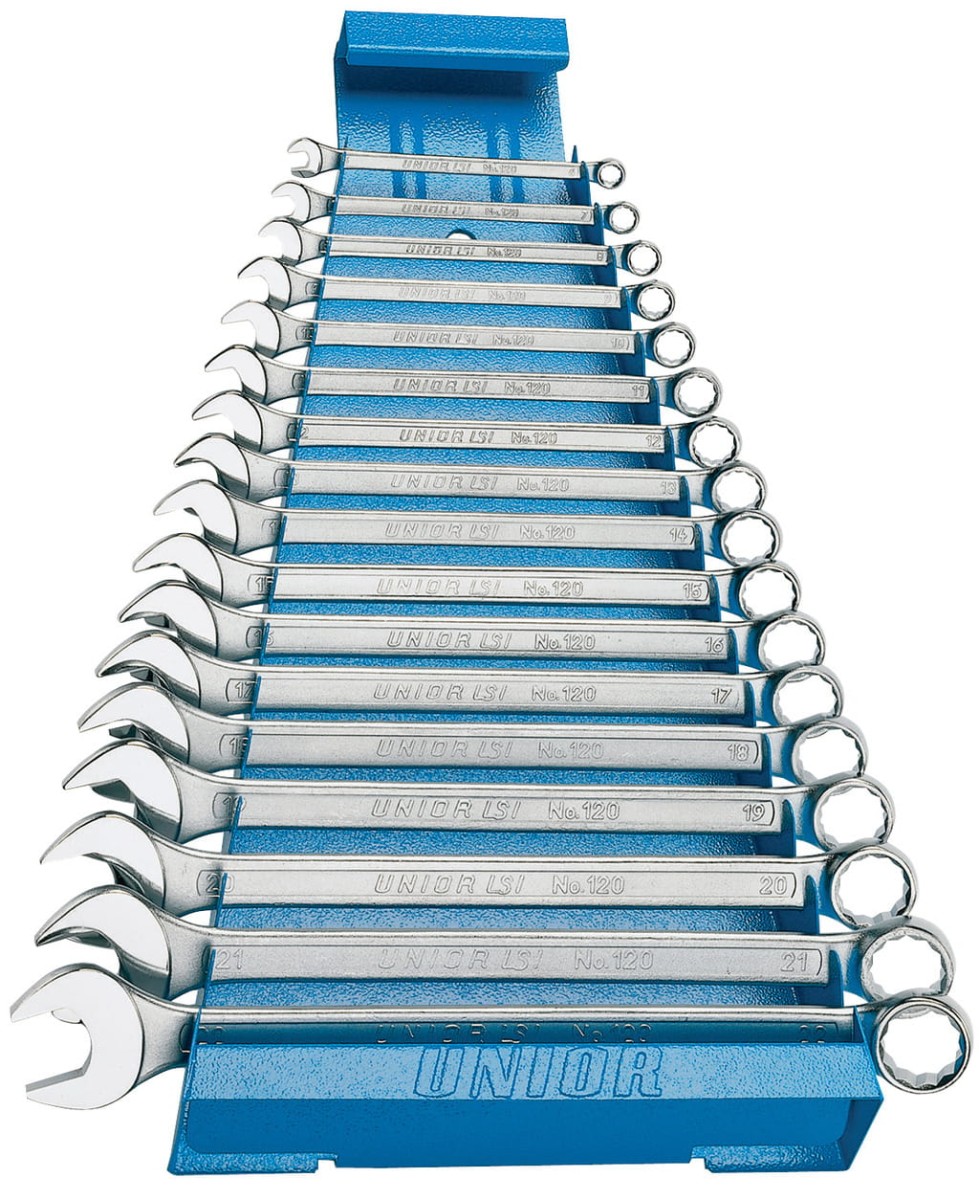 Zestaw kluczy płasko-oczkowych 6-22mm 17szt. długi na metalowym stojaku Unior (605537)