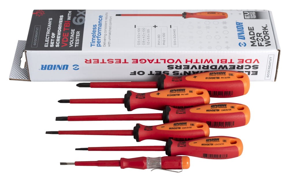 Zestaw wkrętaków VDE śrubokrętów izolowanych TBI z próbnikiem napięcia 6szt. Unior Tools 617654 603CS6ATVT